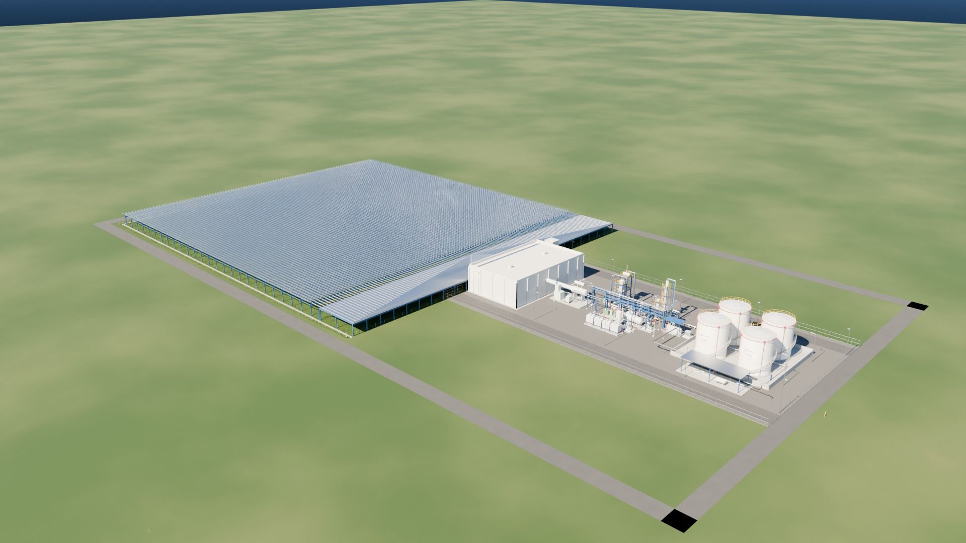Luftbild der Gesamtanlage: Linsenfeld, Wärmespeicher, Syntheseanlage und Tanklager